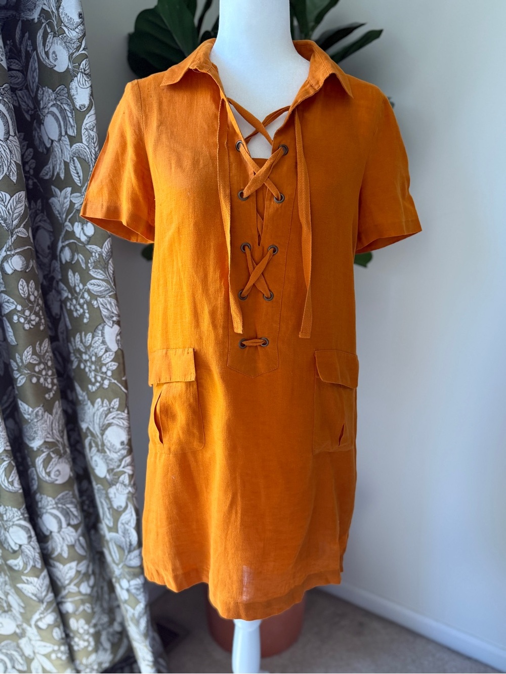 Anthropologie Orange Linen Lace-Up Mini Dress with Pockets